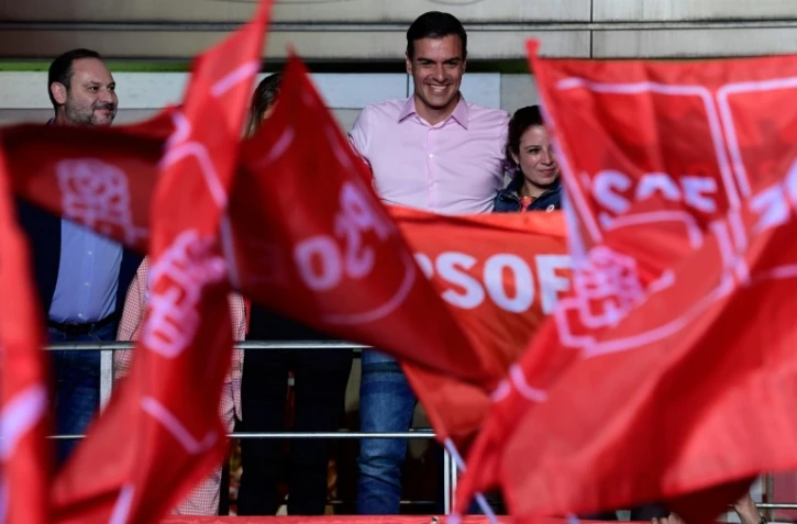 Le Premier ministre socialiste espagnol Pedro Sanchez lors d'un meeting électoral à Madrid le 28 avril 2019 à l'issue des élections législatives en Espagne