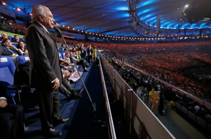 Le président brésilien par intérim Michel Temer durant la cérémonie d'ouverture des Jeux Olympiques au stade Maracana à Rio de Janeiro le 5 août 2016