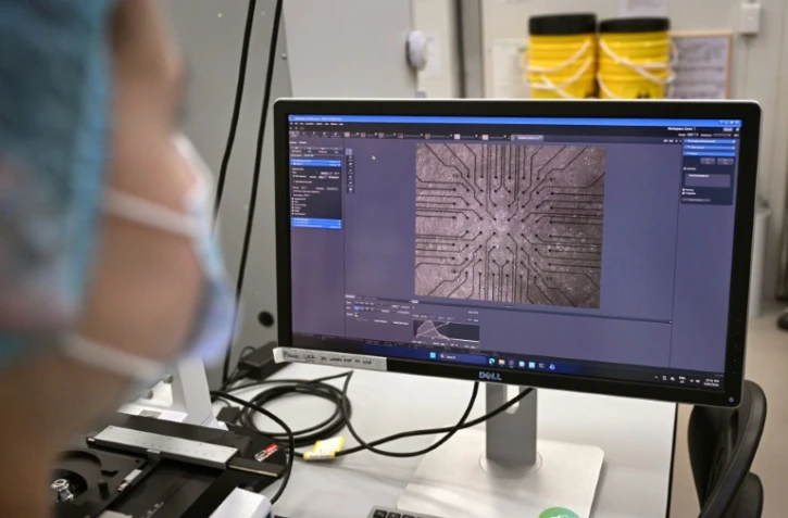 Sur cette photo prise le 5 mai 2026, la chercheuse Daria Kornienko observe au microscope des neurones cultivés dans le laboratoire de l'entreprise australienne Cortical Labs à Melbourne