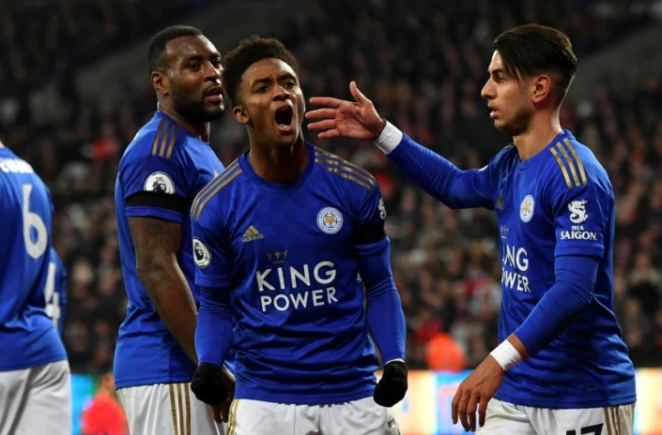Demarai Gray (c) exulte après son but pour Leicester face à West Ham, le 28 décembre 2019 au London Stadium