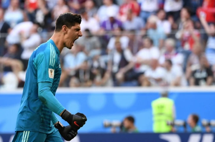 Réaction du gardien de la Belgique Thibaut Courtois après le but d'Eden Hazard contre l'Angleterre lors du match pour la 3e place du Mondial, le 14 juillet 2018 à Saint-Pétersbourg