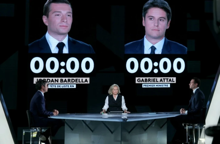 Jordan Bardella du Rassemblement national et principal candidat aux élections européennes du 9 juin, et Gabriel Attal, Premier ministre avant le débat organisé par la journaliste Caroline Roux sur la chaîne de télévision publique France 2, le 23 mai 2024 à Aubervilliers, près de Paris