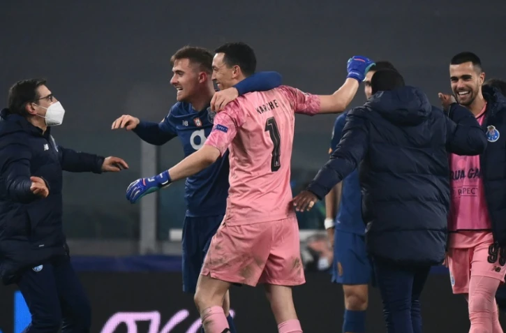 La joie des joueurs de Porto, qualifiés en quarts de finale de la Ligue des champions, après leur 8e de finale retour face à la Juventus, à Turin, le 9 mars 2021