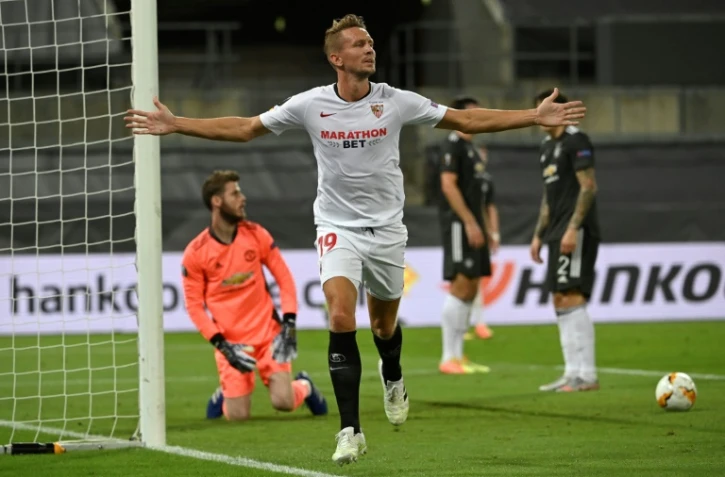 Luuk De Jong marque le but de la qualification du Séville FC aux dépens de Manchester United pour la finale de la Ligue Europa, le 16 août 2020 à Cologne