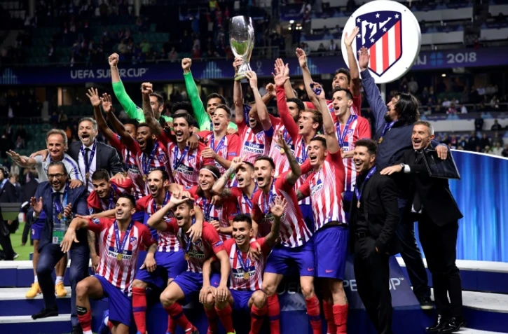 Les joueurs de l'Atletico Madrid, vainqueurs de la Supercoupe d'Europe face au Real Madrid, le 15 août 2018 à Tallinn