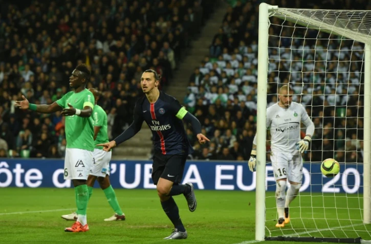 La star du PSG, après son deuxième but contre Saint-Etienne à Geoffroy-Guichard, le 31 janvier 2016