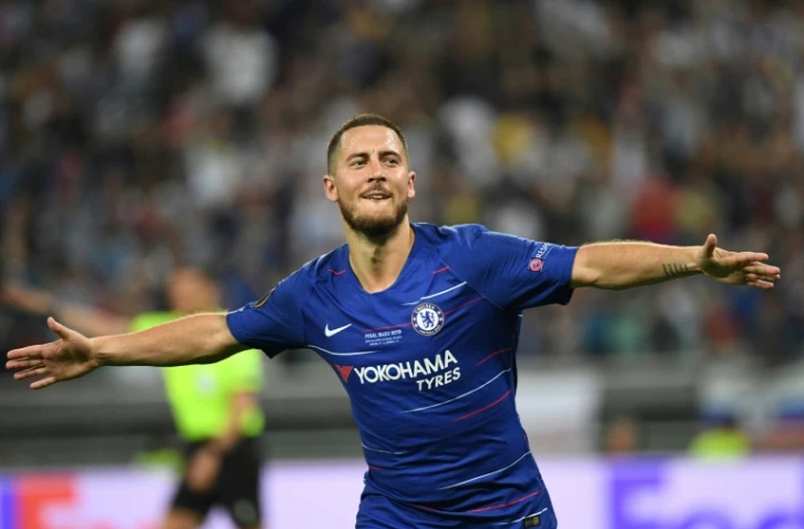 L'attaquant belge de Chelsea Eden Hazard vient de marquer contre Arsenal en finale de la Ligue Europa, le 29 mai 2019 à Bakou 