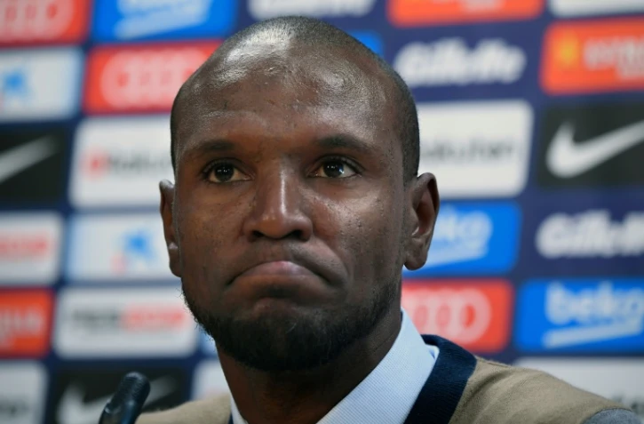 Le Français Eric Abidal, directeur sportif du FC Barcelone, lors de sa présentation à Sant Joan Despí, le 19 juin 2018  