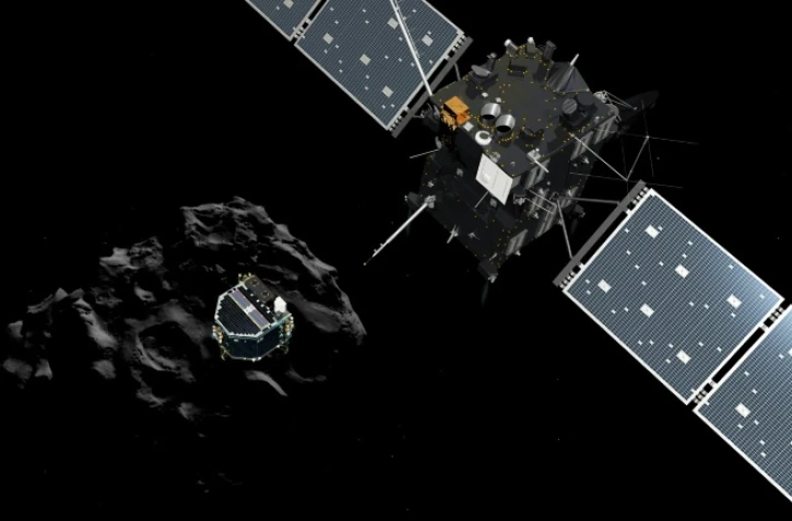 Photo-montage représentant le robot Philae et la sonde Rosetta, réalisé par le médialab de l'ESAle 12 novembre 2014