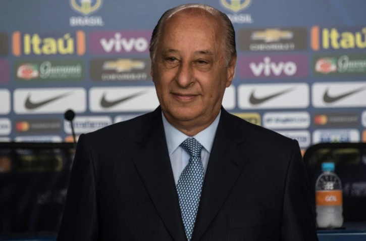 Le Brésilien Marco Polo Del Nero, président de la Confédération brésilienne de football (CBF), lors d'une conférence de presse, à Sao Paulo, le 3 mars 2017