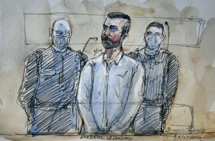 Croquis d'audience du 11 février 2022 de Nordahl Lelandais pendant son procès pour le meurtre de Maëlys de Araujo devant la cour d'assises de Grenoble