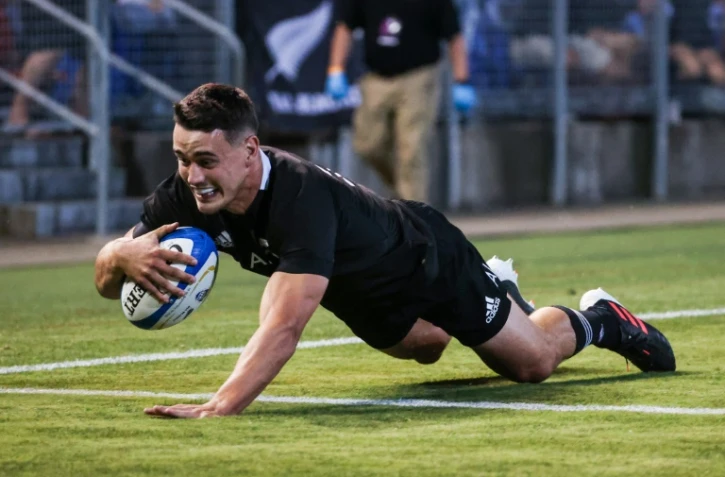 Le Néo-Zélandais Will Jordan marque un essai lors du match de Rugby Championship face à l'Argentine, à Newcastle, le 28 novembre 2020