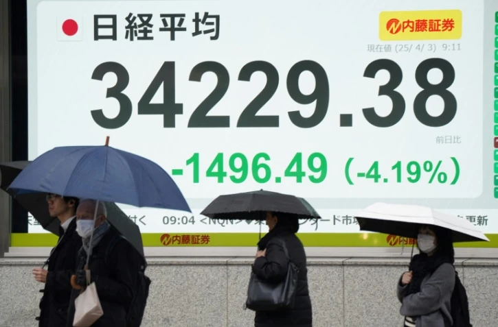 Un panneau électronique montrant l'évolution de la Bourse de Tokyo le 3 avril 2025