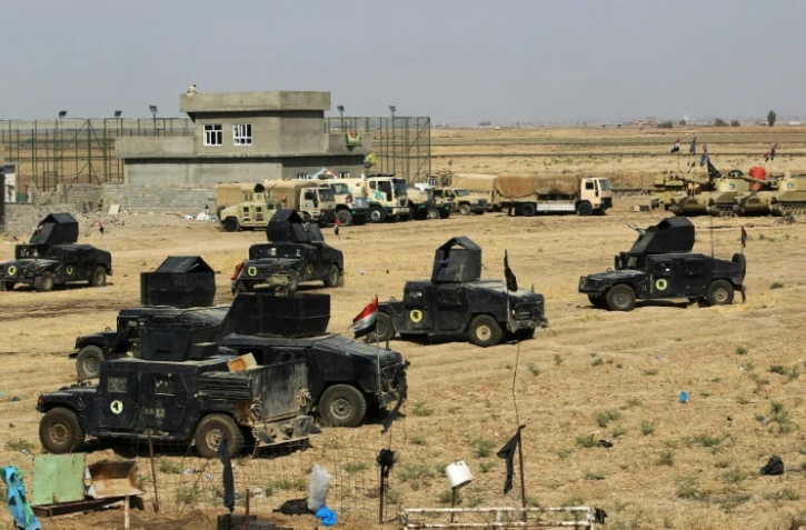 Les forces de l'armée irakienne réunies dans la zone de Taza Khurmatu, au sud de Kirkouk, le 15 octobre 2017