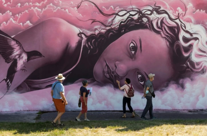 Des visiteurs devant une des fresques de Street Art City le 3 septembre 2020 à Lurcy-Lévis