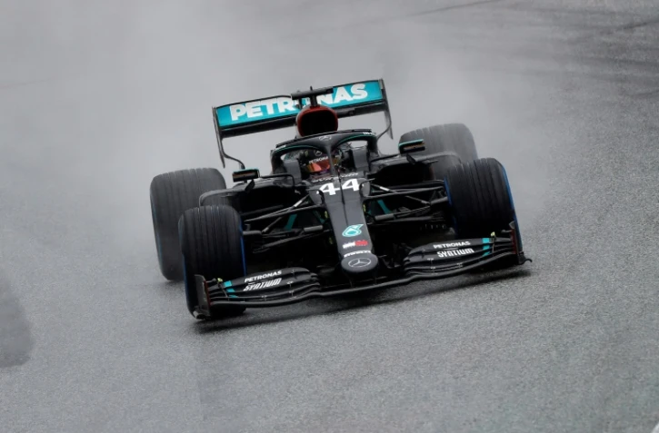 Le pilote Mercedes Lewis Hamilton vainqueur des essais qualificatifs du GP de Styrie sous la pluie, le 11 juillet 2020 Ă Spielberg