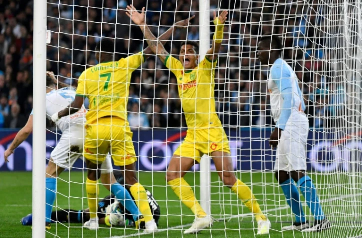 Le défenseur de Nantes Diego Carlos (c) buteur lors de la victoire à Marseille 2-1 en 34e journée de L1 le 28 avril 2019