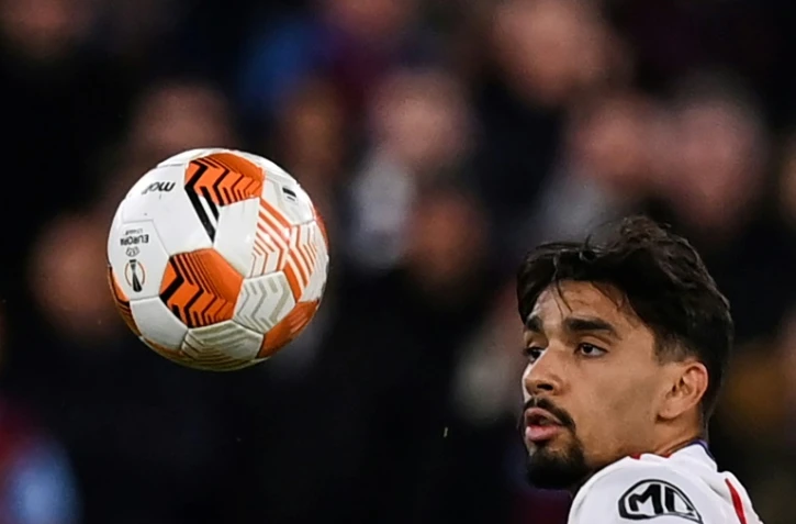 Le milieu lyonnais Lucas Paqueta lors du quart de finale aller de Ligue Europa contre West Ham Ă LOndres le 7 avril 2022