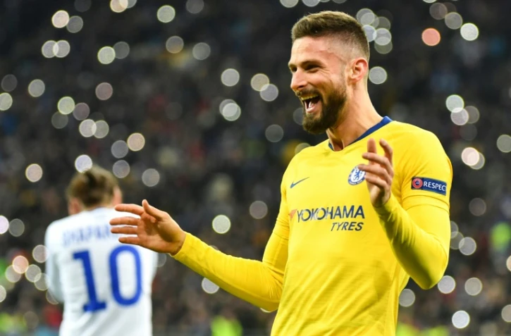 La joie d'Olivier Giroud auteur d'un triplé avec Chelsea sur la pelouse du Dinamo Kiev en Ligue Europa, le 14 mars 2019 