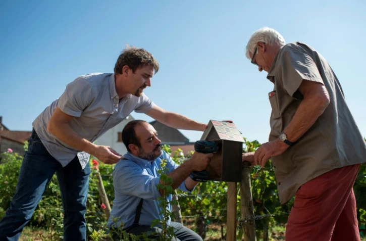 Benjamin Bois (g), et Mario Rega (d), inventeurs de la "Notipy Box", règlent le boîter qui protège des pesticides en clignotant lorsque la parcelle vient d'être traitée, chez le viticulteur Bertrand Darviot, le 2 mai 2018 à Mersault, en Bourgogne
