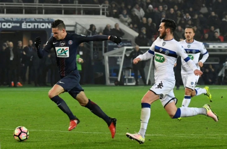 La recrue du PSG Julian Draxler (g) lors du match de Coupe de France face à Bastia, le 7 janvier 2017 au Parc des Princes