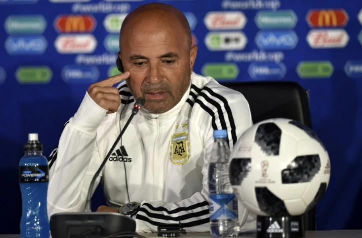 Le sélectionneur argentin Jorge Samapoli, en conférence de presse le 14 juin 2018 à Moscou