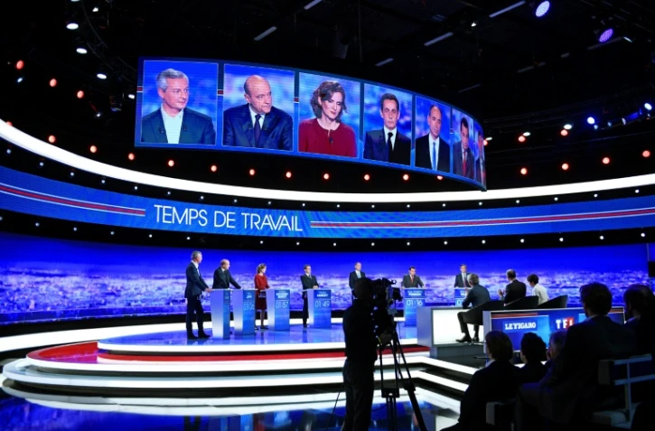 Les sept candidats à la primaire de la droite lors du débat télévisé le 13 octobre 2016 à La Plaine-Saint-Denis