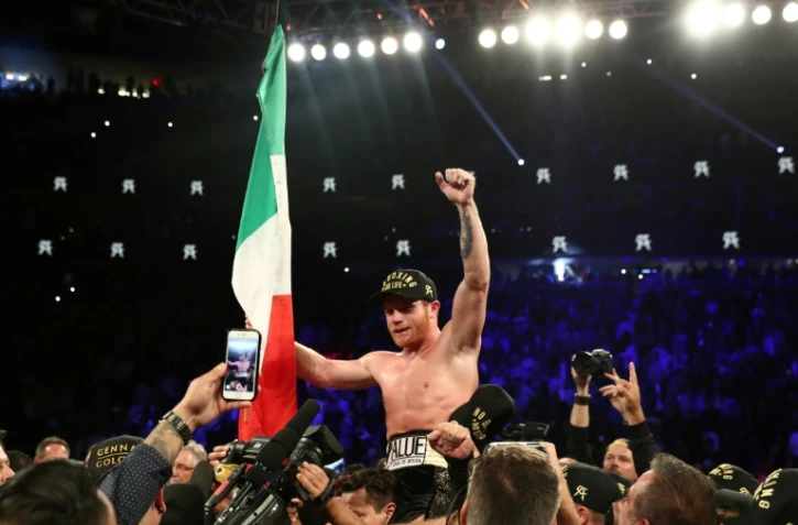 Saul Canelo Alvarez vainqueur du "combat de l'année" contre Gennady Golovkin pour les titres WBC et WBA, le 15 septembre 2018 à Las Vegas