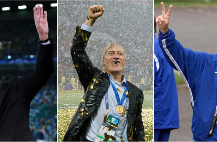 Les trois hommes ayant gagné la Coupe du monde en tant que joueur puis sélectionneur, de gauche à droite: l'Allemand Franz Beckenbauer, le Français Didier Deschamps, et le Brésilien Mario Zagallo 