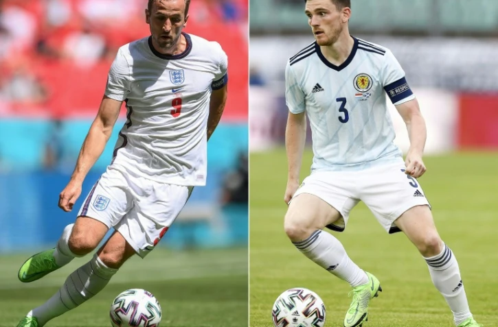 A gauche, l'attaquant anglais Harry Kane au stade de Wembley à Londres le 13 juin 2021, et à droite, le défenseur écossais Andy Robertson au stade Josy Barthel au Luxembourg le 6 juin 2021.