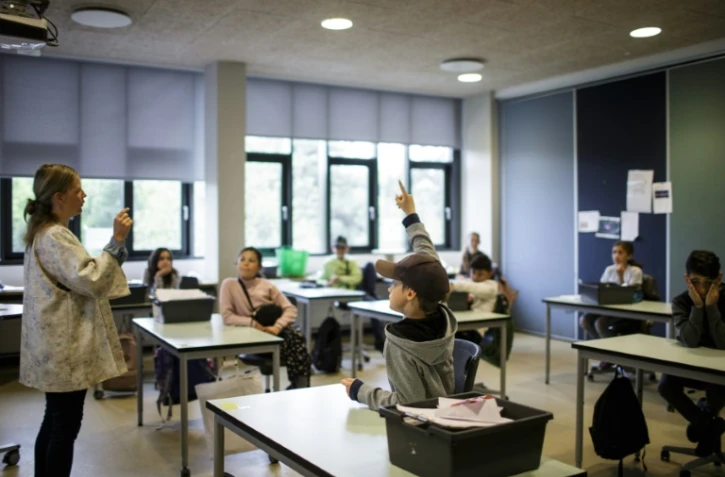 Une salle de classe réorganisée pour prévenir la propagation du coronavirus à Copenhague le 29 avril 2020