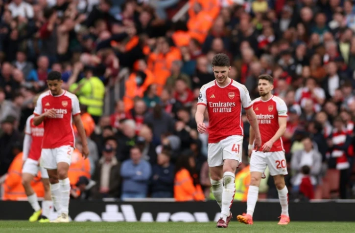 La déception des joueurs d'Arsenal après la défaite face à Aston Villa, le 14 avril 2024 à l'Emirates Stadium