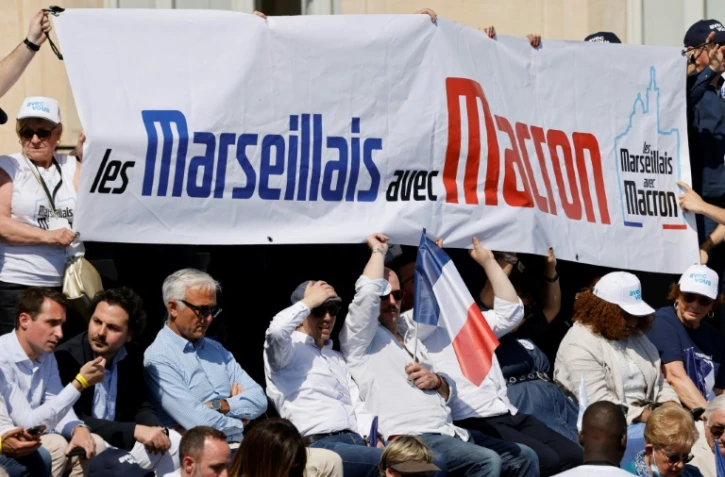 Le président Emmanuel Macron, candidat à sa réélection, en meeting à Marseille, le 16 avril 2022