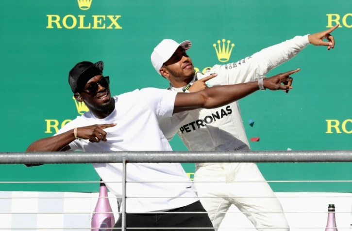 Lewis Hamilton (d) avec Usain Bolt, le 22 octobre 2017 à Austin (Texas)
