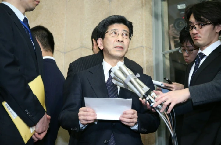 Nobuhisa Sagawa fait une déclaration à la presse après avoir démissionné, le 9 mars 2018 à Tokyo
