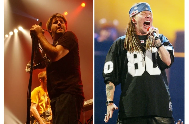 James Murphy of LCD Soundsystem le 23 avril 2005 au Printemps de Bourges et Axl Rose of Guns 'n Roses (R) à New York le 29 août 2002