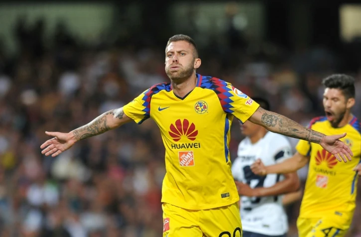 L'attaquant français Jérémy Ménez fête un but, sous le maillot du Club América, le 2 mai 2018 à Mexico