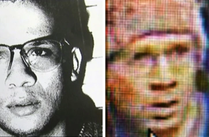 Montage montrant deux portraits d'Abdelhakim Dekhar, sur une capture d'écran tirée de l'émission "Faites Entrer l'Accusé" (g) et sur une image de vidéosurveillance (d)