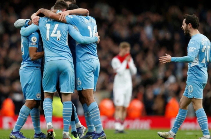 La joie des joueurs de Manchester City après le but de Rodri contre Arsenal en Premier League le 1er janvier 2022 à Londres