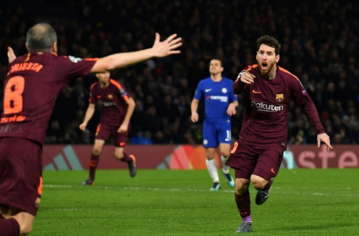 Lionel Messi buteur pour Barcelone face à Chelsea, sur une passe d'Andres Iniesta en Ligue des champions, le 20 février 2018 à  Stamford Bridge