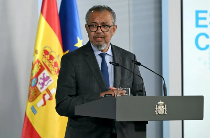 Le directeur général de l'Organisation mondiale de la santé (OMS), Tedros Adhanom Ghebreyesus, lors d'une conférence de presse au palais de la Moncloa à Madrid, le 12 mai 2026