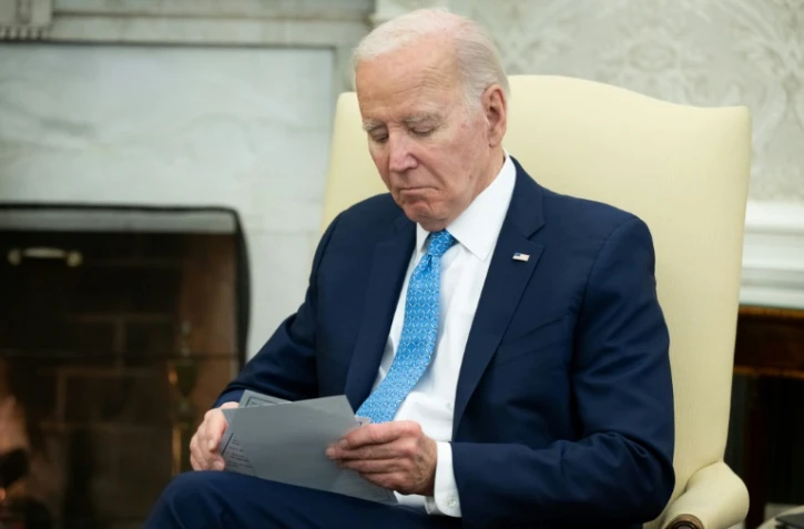 Le président américain Joe Biden lors d'un échange avec la Première ministre italienne Giorgia Meloni, dans le Bureau ovale de la Maison Blanche, à Washington, le 1er mars 2024