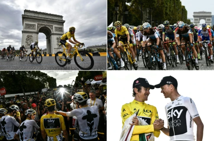 Montage de photos prises lors de la 21e et dernière étape du Tour de France, remporté par Geraint Thomas, le 29 juillet 2018