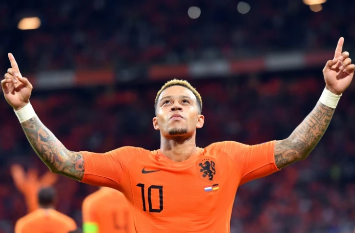 L'attaquant des Pays-Bas Memphis Depay buteur lors de la victoire face à l'Allemagne 3-0 à Amsterdam en Ligue des nations le 13 octobre 2018
