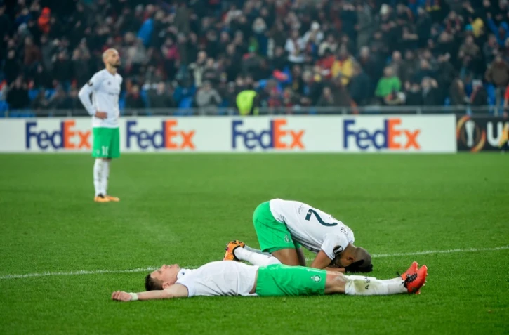 Des joueurs de Saint-Etienne après leur élimination à Bâle en 16e de finale retour d'Europa League, le 25 février 2016