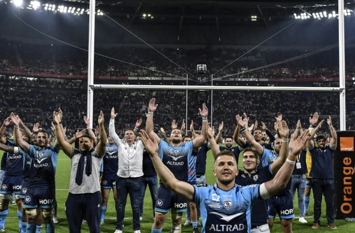 La joie des joueurs de Montpellier après leur qualification pour la finale du Top 14 en battant le LOU, le 25 mai 2018 à Lyon
