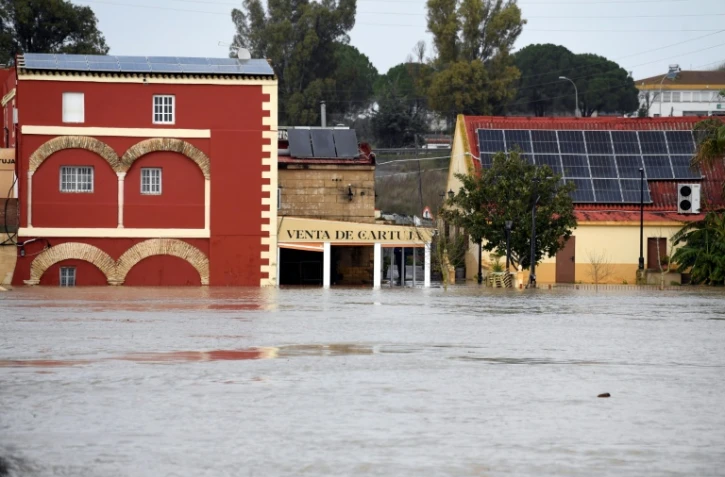 Une zone inondée dans le village de Las Pachecas à Jerez, lors de la dépression Leonardo, le 5 février 2026 dans le sud de l'Espagne