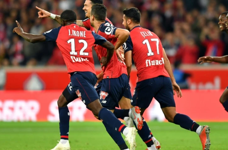 La joie des Lillois après le but de José Fonte (g) face à Nantes, le 22 septembre 2018 à Villeneuve-d'Ascq