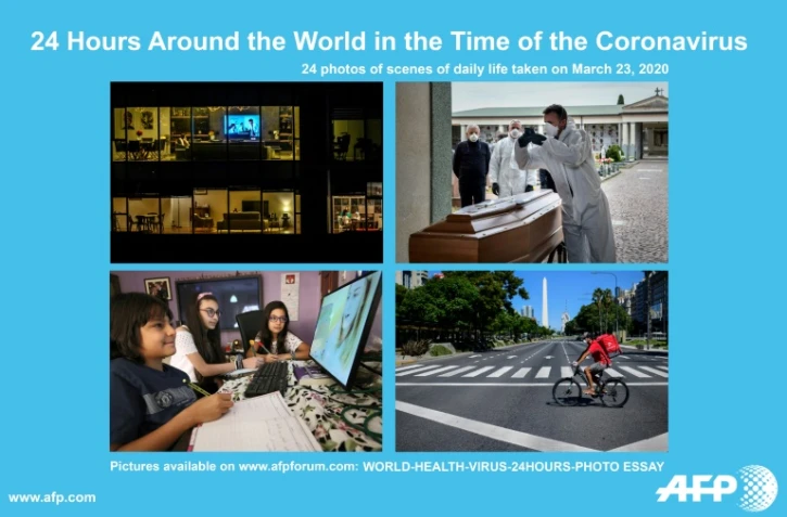 Pendant 24 heures, lundi 23 mars 2020, dans le monde où un tiers de l?humanité est sommée de rester chez elle, les photographes de l'AFP ont pris des instantanés de la vie quotidienne sous coronavirus