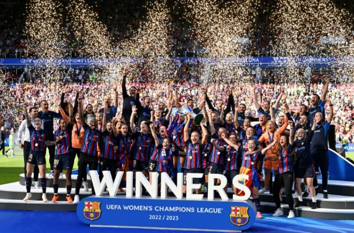 La joie des Barcelonaises victorieuses de la Ligue des champion contre Wolfsburg, samedi à Eindhoven 